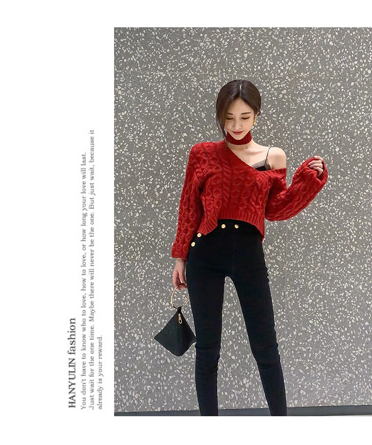 Korean style loose short twist halter sexy strapless ladies temperament long-sleeved knitted sweater