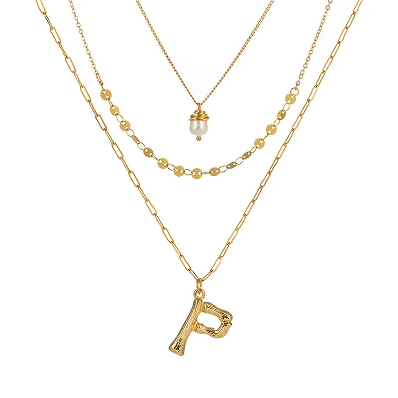 Богемное ожерелье с 26 буквами, золотой цвет, алфавит, блестки, жемчужное многослойное ожерелье с подвеской, Женские Ювелирные изделия для друзей - Окраска металла: P