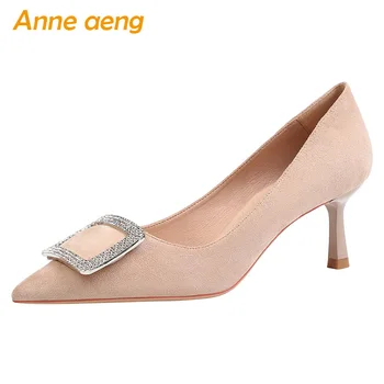 

2020 New Women Pumps 6.5cm High Thin Heel Pointed Toe Solid Crystal Fashion Sexy Ladies Women Shoes Khaki Female High Heels