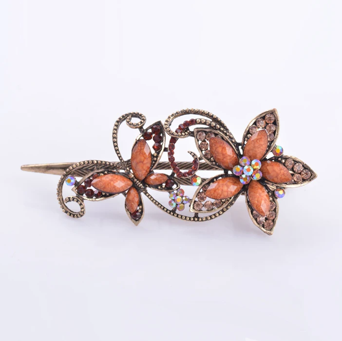 Metal Rhinestones Hair Clip Vintage Bronze Plating Butterfly Hair Claw Retro Flower Hairgrip Women Hair Jewelry