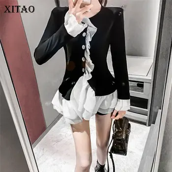 

XITAO Vintage Irregular Ruffle Shirt Minority Elegant Womens Tops and Blouses Black White Contrast Trend Women Clothes XJ3540