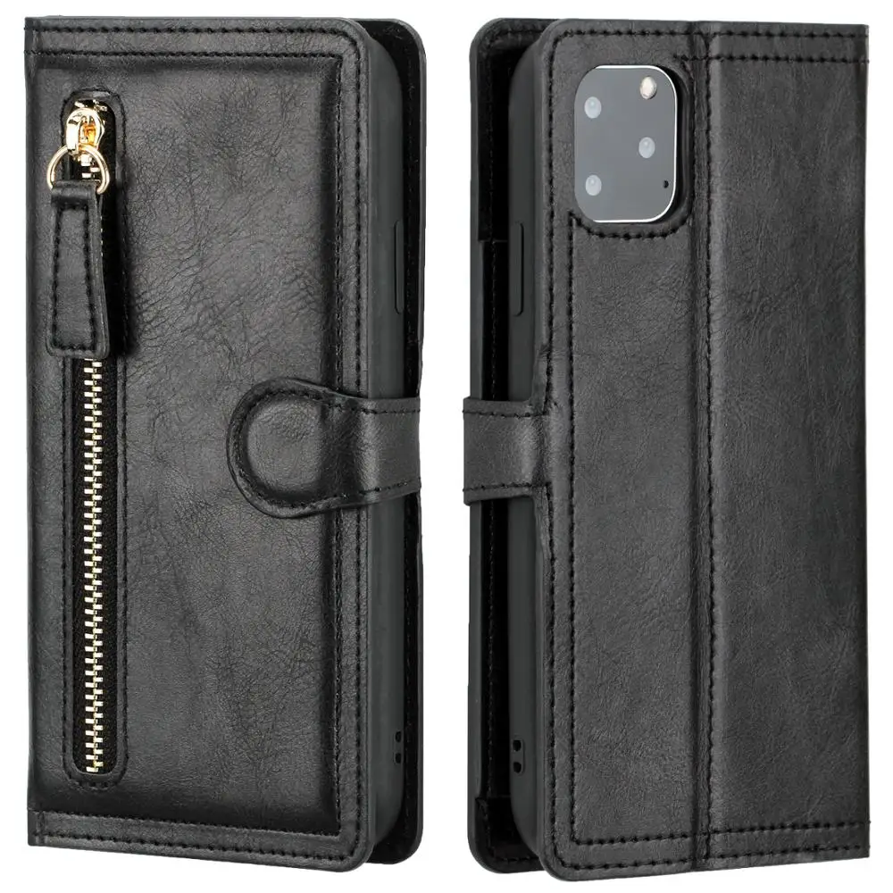Luxury Leather Zipper Flip Wallet Case with Card Holder and Stand