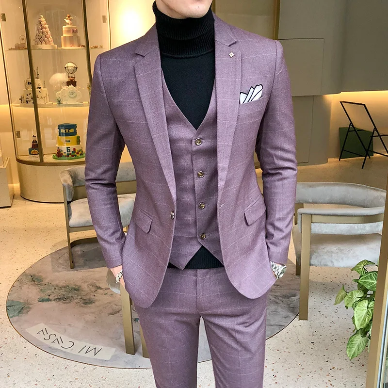 

2020 Warm Thick Set Men's Autumn And Winter Plus Size British Plaid Suit Male Korean Version Of The Self-cultivation Three-piece