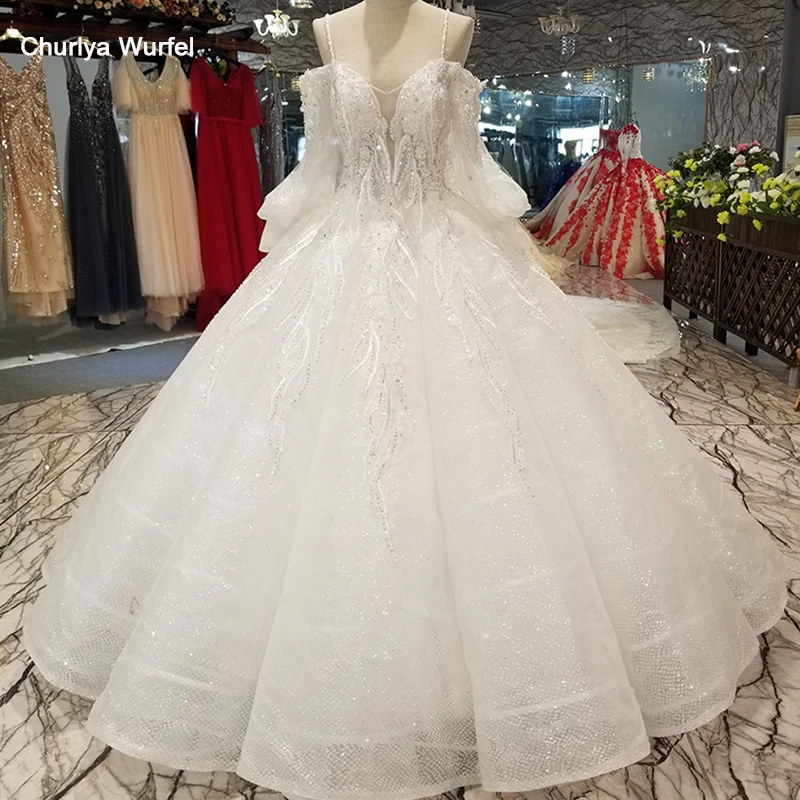 LS12400 свадебное платье с рукавамиМилая Длинные Тюль рукава с открытыми плечами Свадебные торжественные платья с блестками пикантные без бретелек Длина до пола нарядное платье