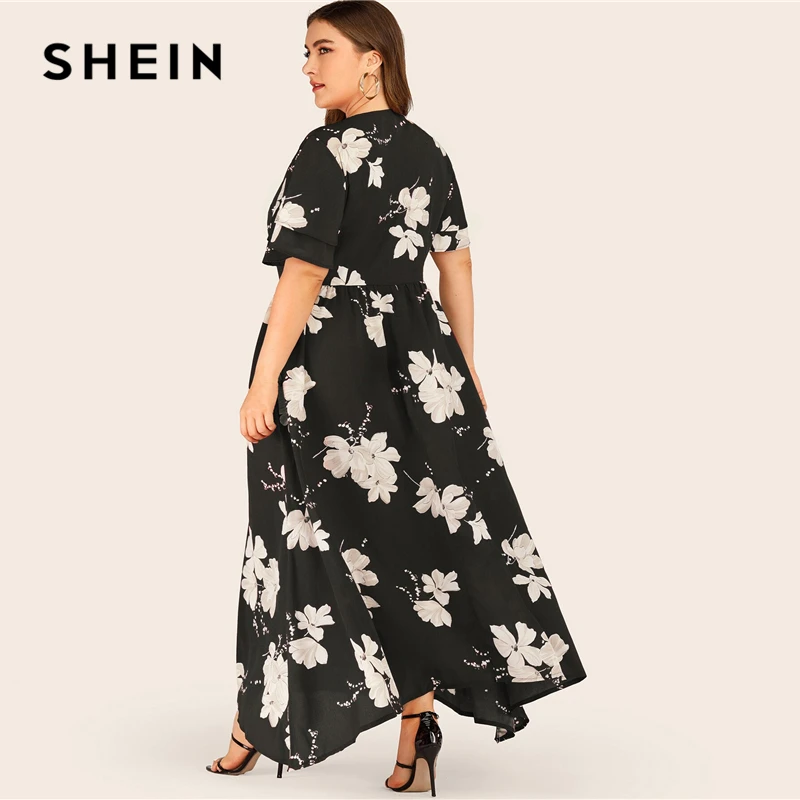 SHEIN Плюс Размер большое Цветочное платье с многослойным рукавом Макси женское летнее осеннее платье с v-образным вырезом с высокой талией и расклешенными повседневными платьями