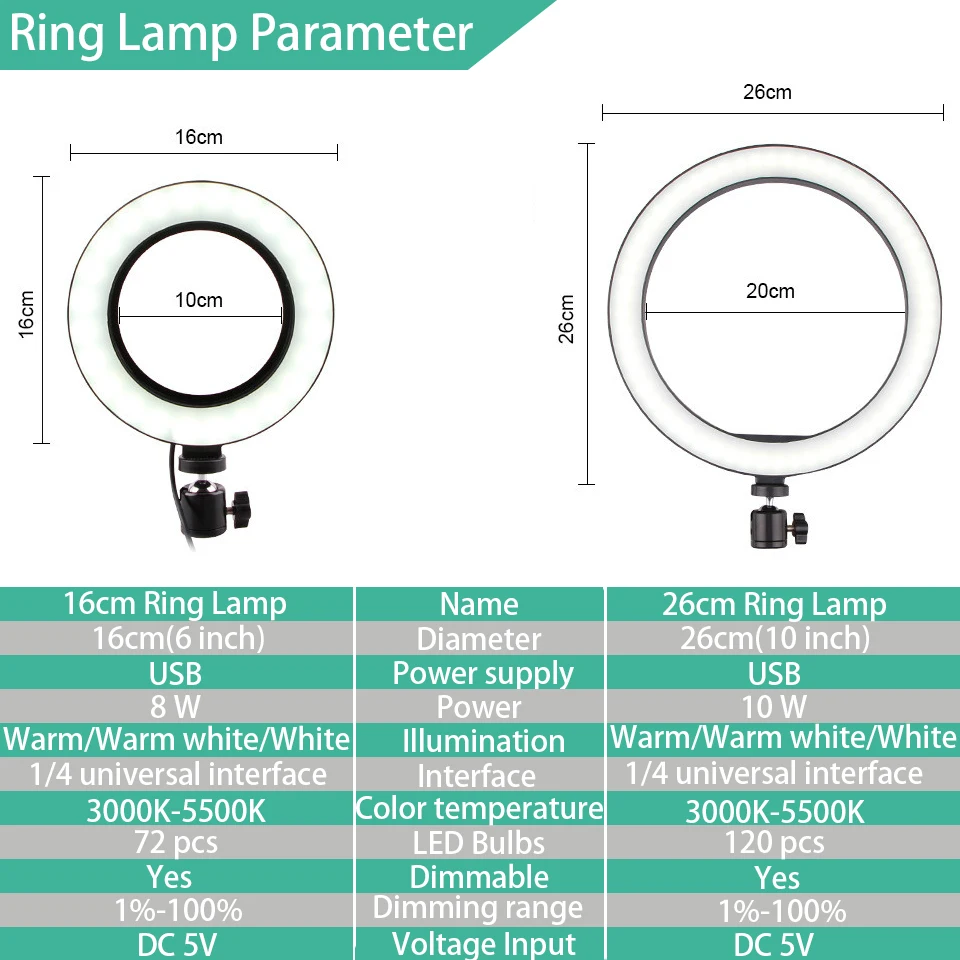 Кольцевая лампа видео светильник 16/26 см затемнения светодиодный селфи кольцо светильник USB фотографии светильник со штативом для телефона макияжа Youtube Tik tok