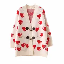 Женский свитер-пончо, длинный рукав, свободный стиль, узор в виде сердца, вязаный свитер на одной пуговице, пальто, женские зимние кардиганы, джемпер