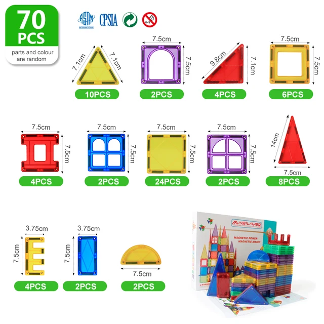 MAGPLAYER 70PCS Magnetic Building &Construction Blocks Gifts Big Size Magnetic Designer Magnet DIY Educational Toys for Children 2