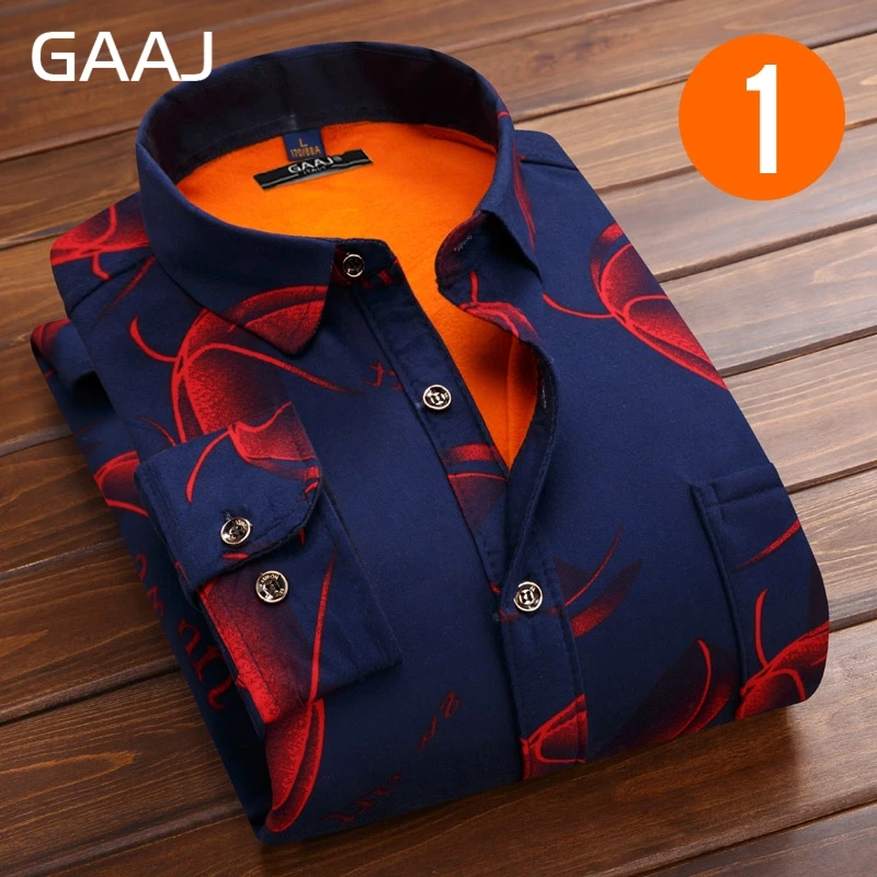 GAAJ мужские рубашки с длинным рукавом Цветочный формальный модный принт клетчатые повседневные рубашки хлопок Social рубашки теплые с мехом для мужчин s - Цвет: 01