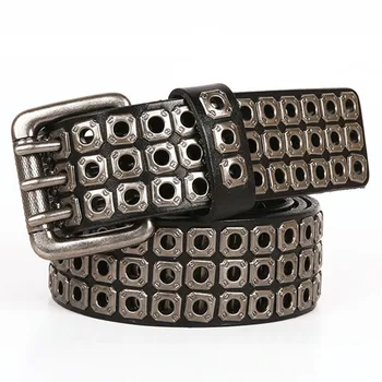 

Hollow Rivets Belt for Men Metal Three Pin Buckle Belt with Cow Genuine Leather Belt Male