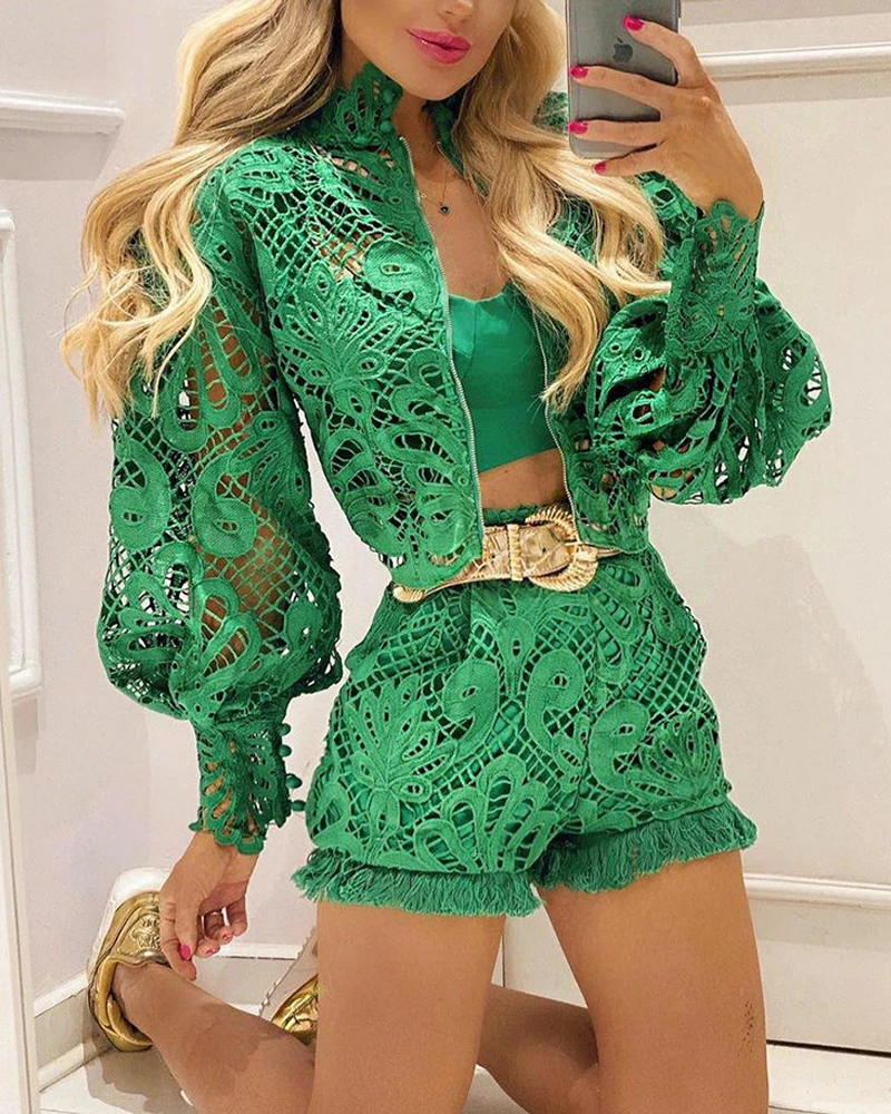 Fashion Sexy  Two Pieces Suits Without Belt 2021 Summer Autumn  Casual Lace Hollow-Out Shorts  women Sets Lantern Sleeve Coat matching workout sets