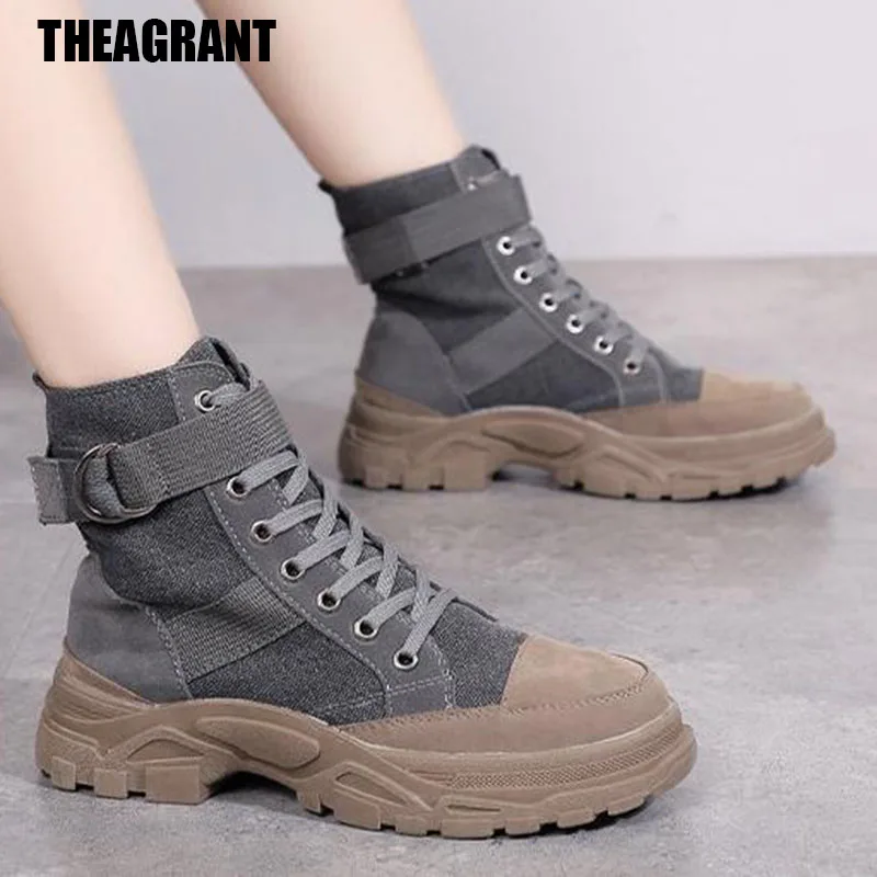 

THEAGARNT 2019 Autumn Women Boots Retro Platform Shoes Woman Ankle Boots Ladies Fashion Combat Military Boots Canvas WBS2000