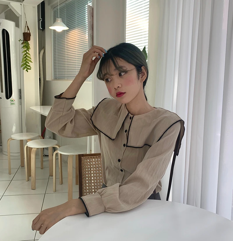 

COIGARSAM Korea Style Shirt Womens tops New Spring Office Lady Full Sleeve Chiffon Solid Loose Women shirts White 9181