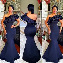 Ruffles One Shoulder Navy Ruffles Prom Dresses Long Satin Mermaid Plus Size Country Style Maid Of Honor Bridesmaid Dresses