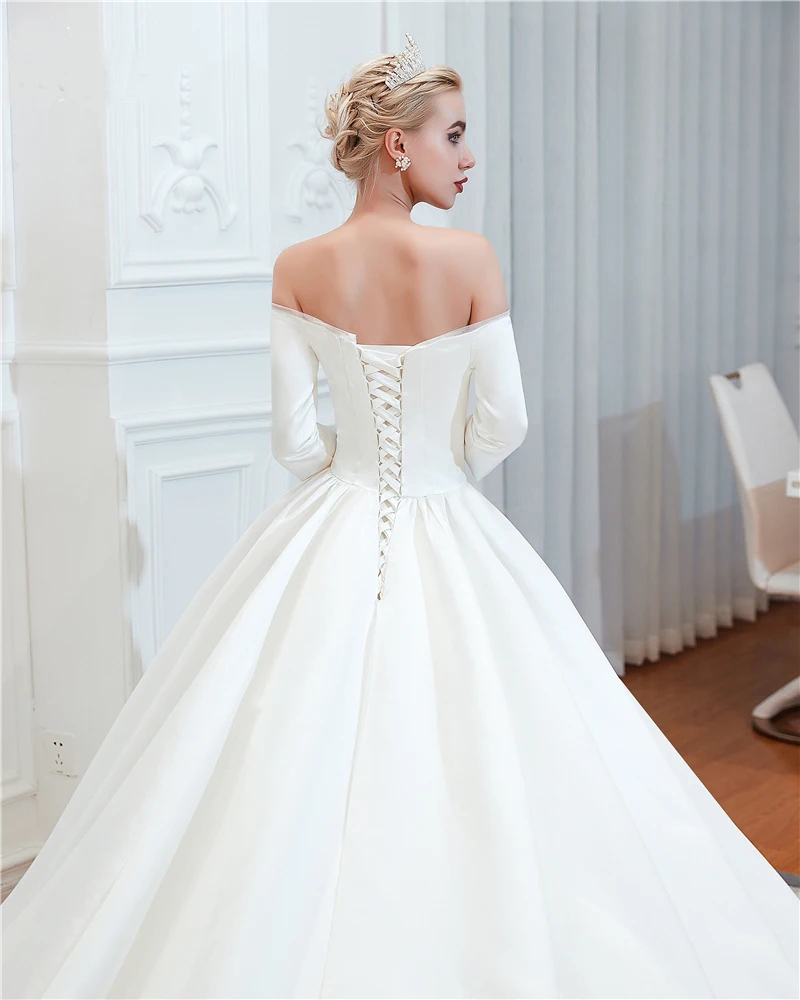 Vestidos De Noiva 2020 New Long Satin Wedding Dresses Lace Up Three Quarter Bridal Gown Mariage Robe De Mariee Custom Made (5)