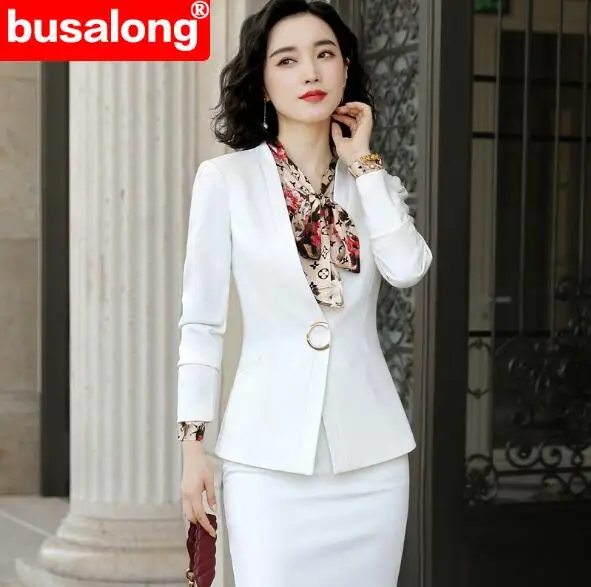 white skirt suit Осенняя мода для интервью женский костюм с юбкой формальный длинный рукав Блейзер и юбка офисная Дамская одежда размера плюс рабочая одежда белое черное пальто - Цвет: white skirt suit