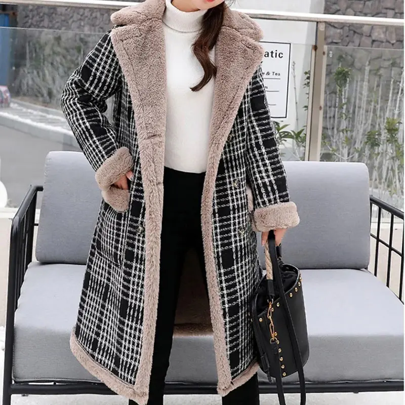 Зимняя куртка из плотного хлопка, Женское шерстяное пальто из искусственной овечьей шерсти, повседневное Фланелевое черно-белое клетчатое женское теплое шерстяное длинное пальто, 2XL