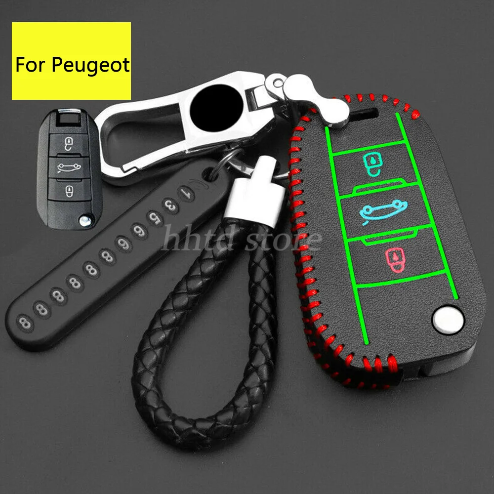 

Luminous Leather Remote Start Car Key Cover Case Fob Shell Protector Holder Accessories For Peugeot 208 301 308 508 3008 2008