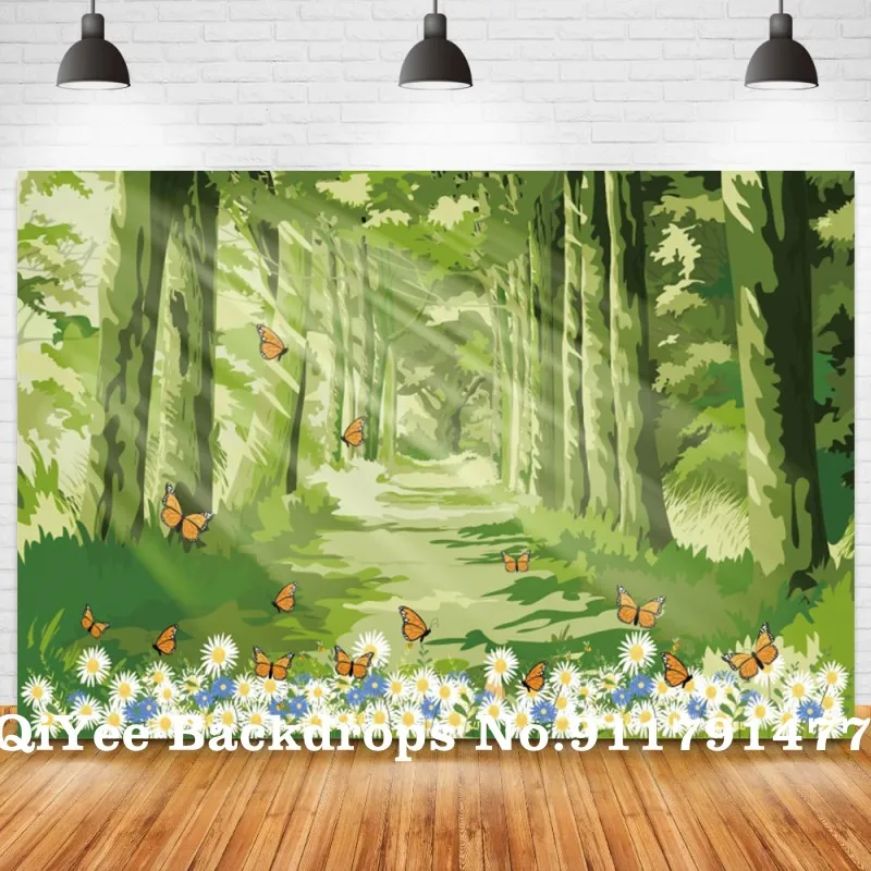 Spring Green Forest Butterfly Flowers Photography Backdrop Newborn Baby Shower Cartoon Cake Table Wall Poster Party Backgrounds |