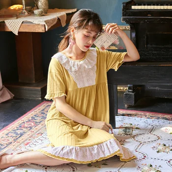 

Sexy Ladies Nightwear Korean Plus Size Nightgown Cotton Sleepwear Female Summer Casual Short Sleeves Lace Nightdress Night Gown