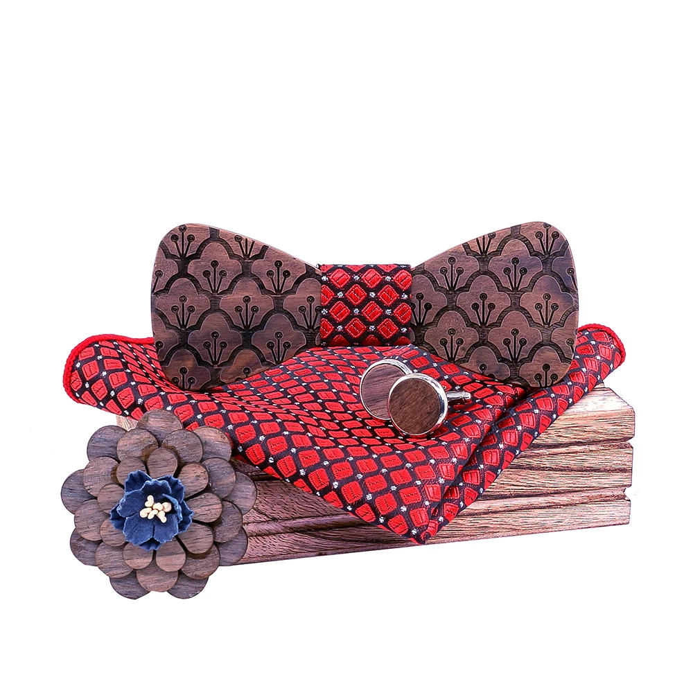 Wooden Bow Tie Men Set Square Scarf Cufflinks Brooch Party Stage Bow Tie Men's Accessories Logo Custom