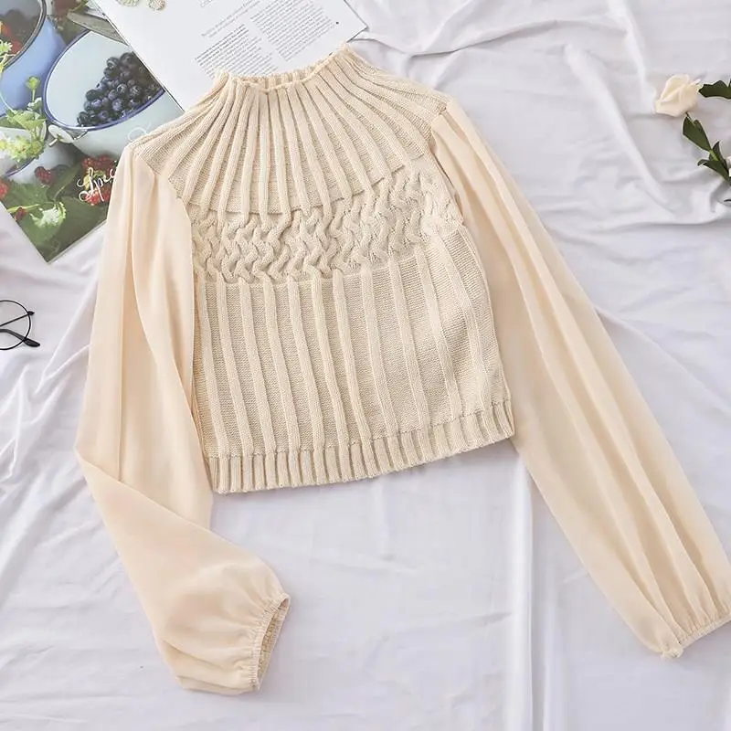 

Women Pink Turtleneck Knitted Sweaters Patchwork Chiffon Pullover Sweater Sweet Ladies Lantern Sleeve Short Sweaters