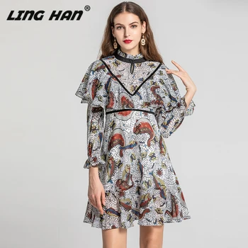 

LINGHAN Elegant Print Derss Women's Fashion Ruffle Flare Sleeve Party Stand Dresses Designer Spring Summer New