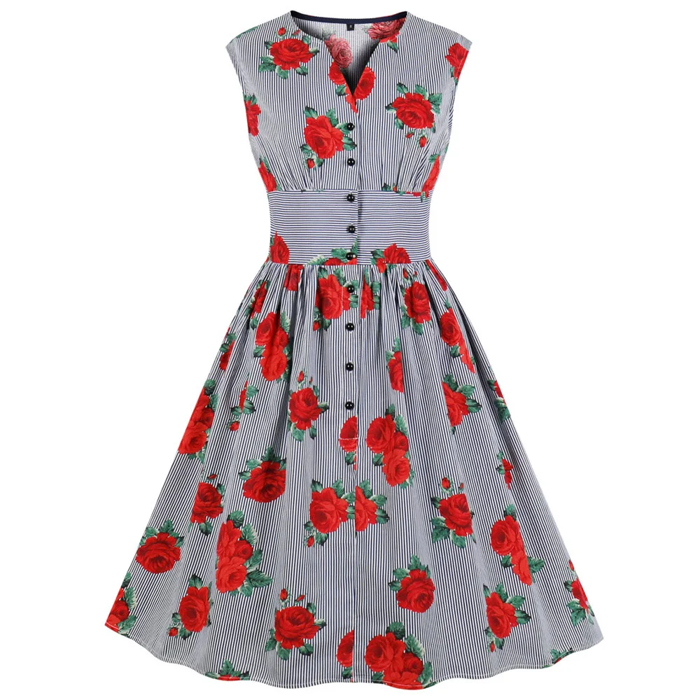 

Plus Size Floral Striped Print Vintage Dress Women Rockabilly Retro Swing Pin Up Dress Button Fly Evening Party Dresses