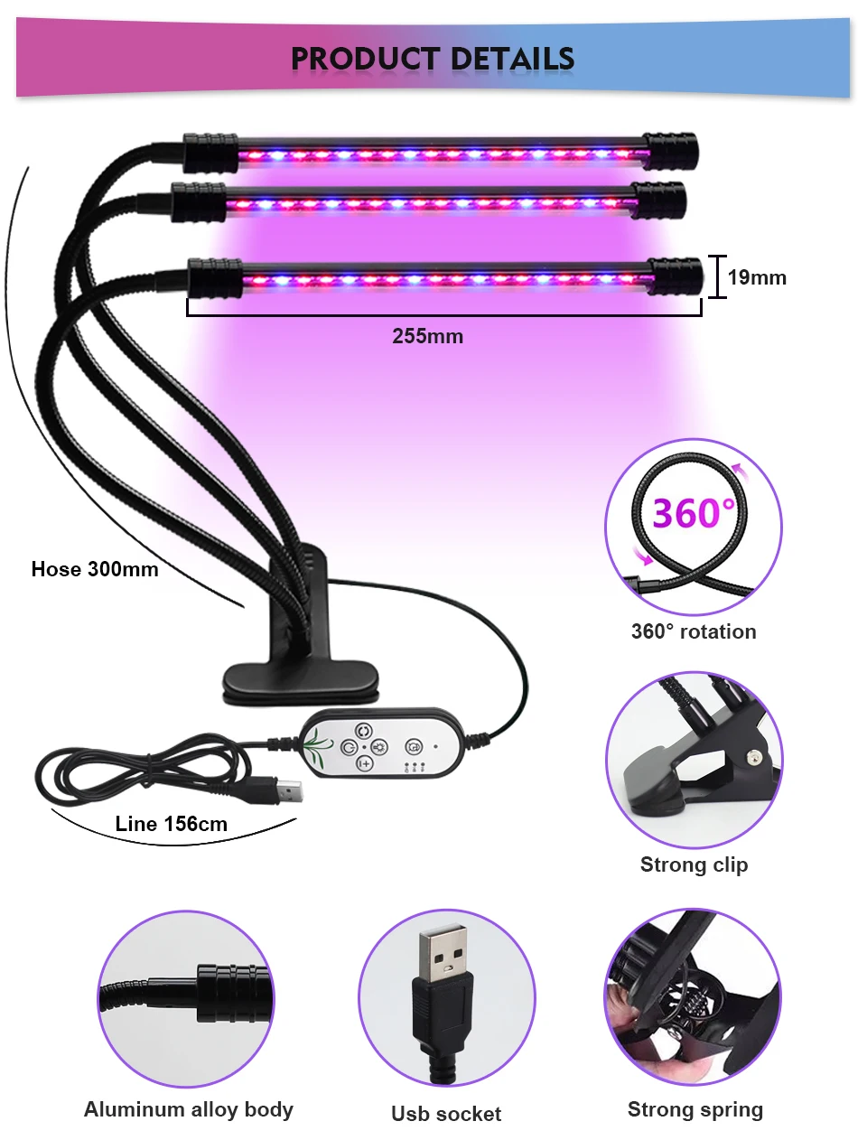 Description Picture 2 of item5V USB Phyto Lamp For Plants LED Grow Light With Control For Indoor Home Plant Full Spectrum Flowers Seedlings Grow Box