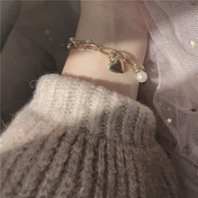 Корейский стиль ретро Двойная Цепочка жемчужный браслет с кулоном сердце милая девушка милый браслет «Лучший Друг» ювелирные изделия