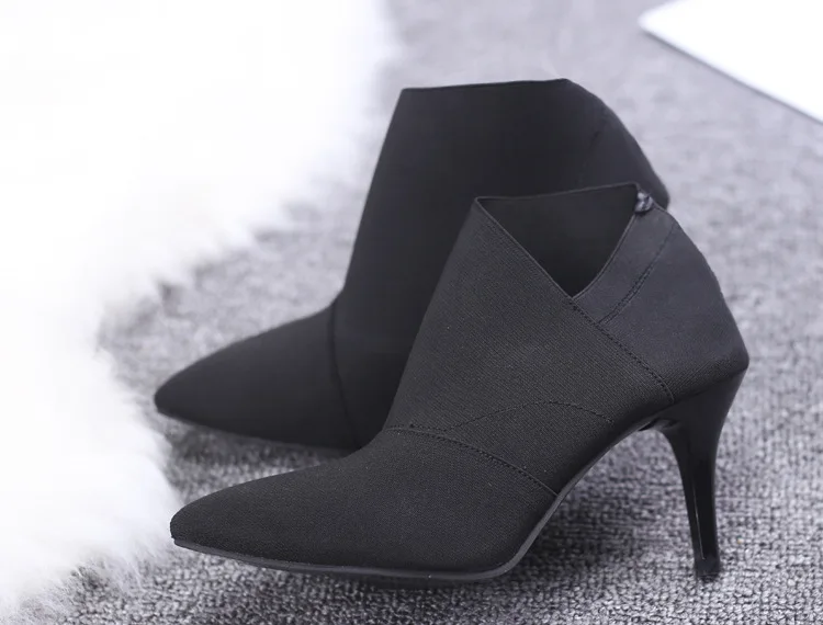 Grey Fashion Women High Heel Booties Large Size 34-41 Female High-Heeled Boots Young Ladies Booties 8.5cm Heel Cloth Boots