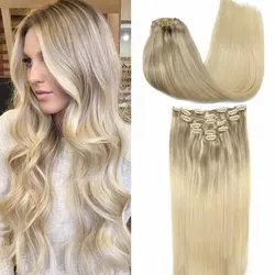 POPUKAR Remy Hair Clip in Human Hair Extensions Light Brown Honey Blonde Ombre Straight Hair Extensions 20 Inch 120g
