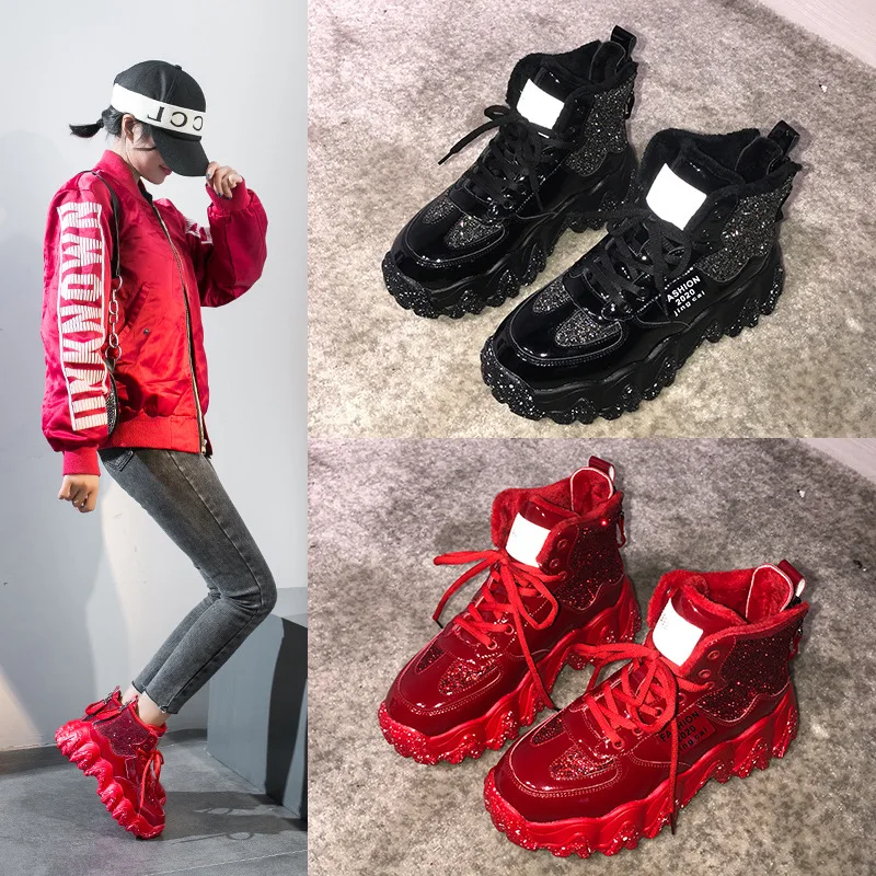 

Dad Shoes 2019 Winter New Style WOMEN'S Shoes Bright Surface Man-made Diamond Casual Versitile Fashion Big Wave Platform plus Ve