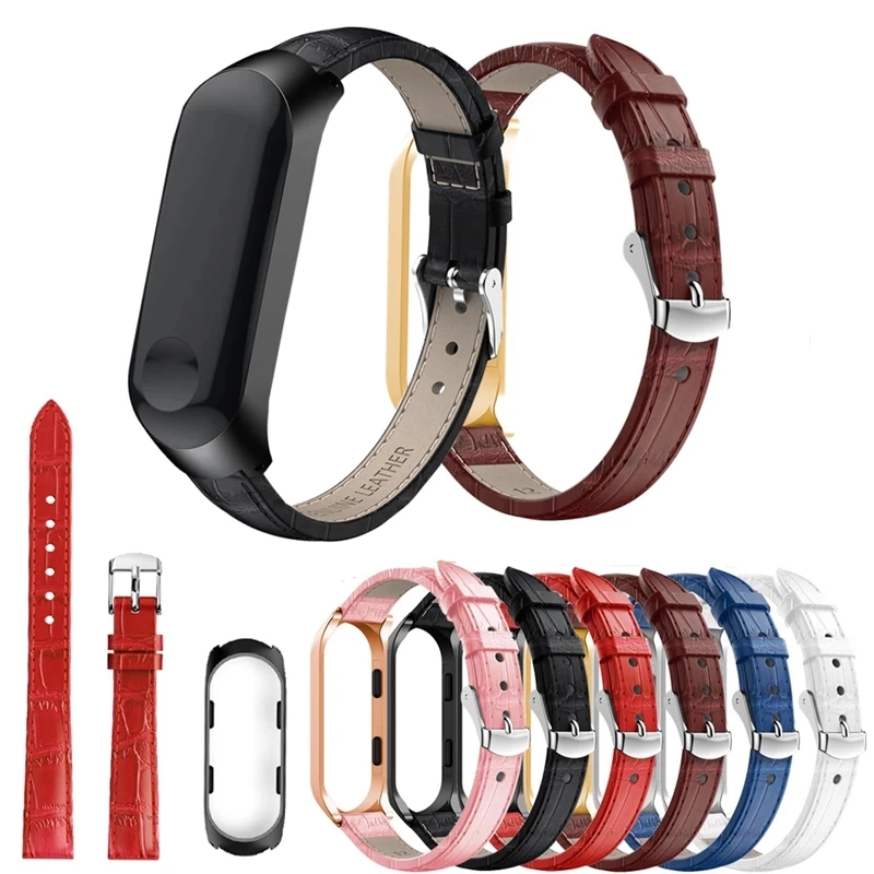 Кожаный ремешок для браслета Xiaomi Mi Band 4 с металлическим корпусом из нержавеющей