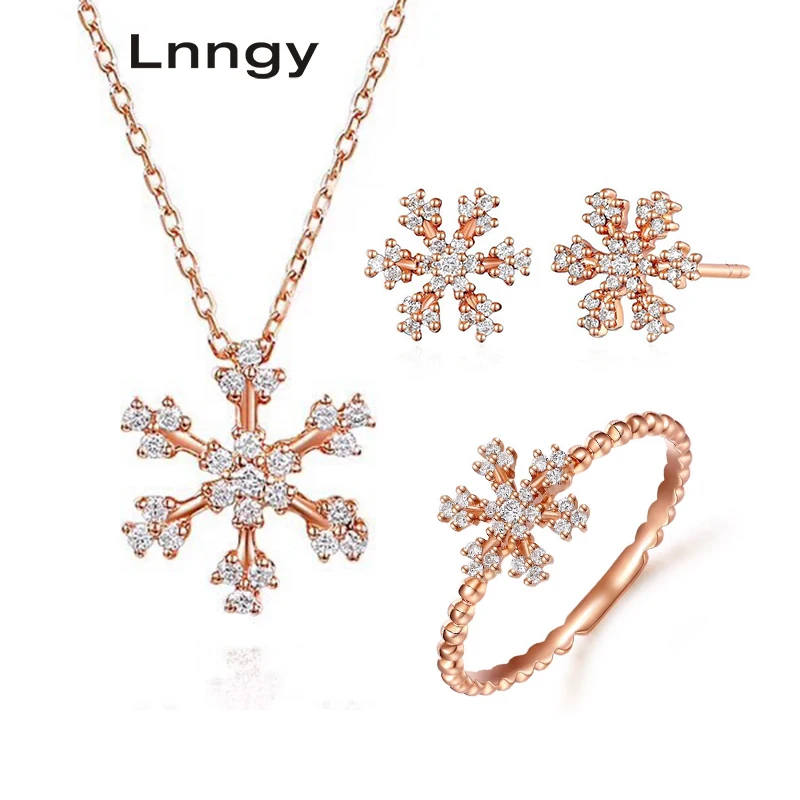 Lnngy Real Diamond Ring Earring Pendant Set SI1 H Gemstone Snowflake Design Luxury 18K Solid Rose Gold Women Wedding Jewelry | Украшения и