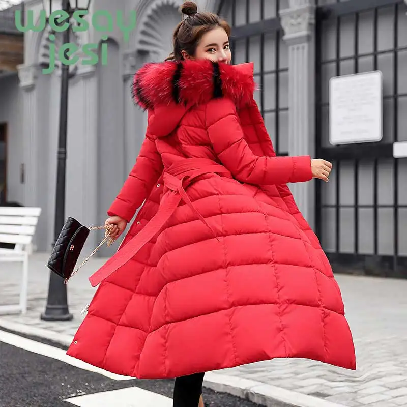 

Winter Jacket Women Thick Big Fur collar Hooded Down casual Parkas Maxi Long Female Jacket Coat Slim Warm Winter Outwear