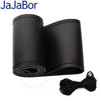 

JaJaBor 38cm Genuine Leather Car Steering Wheel Cover Soft Anti-slip Cowhide Black/Gray Braid With Needle and Thread Car-Styling