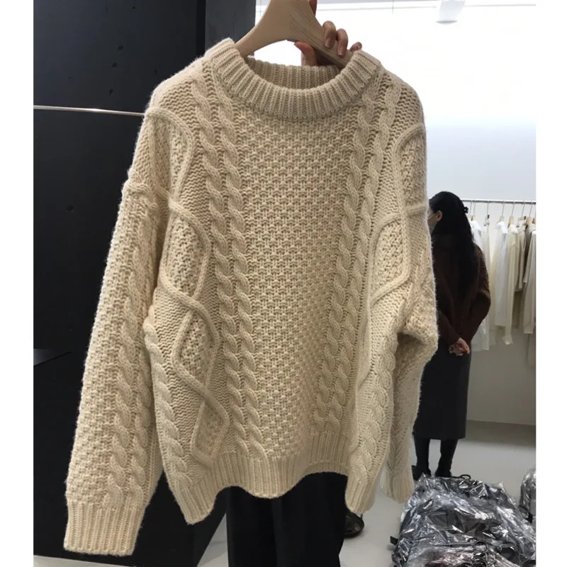 

2021 Autumn Winter New O Neck Solid Full Twist Warm Knitted Sweater Women Pullover Knit Top U810