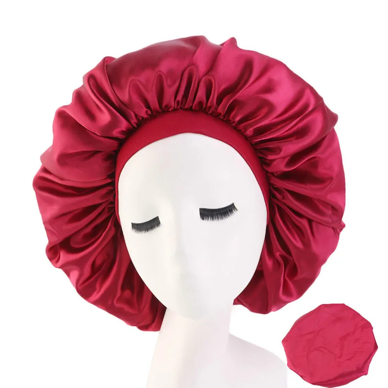 Large Print Satin Silky Bonnet Sleep Cap Width Elastic Band for Women Solid Color Head Wrap Lady Hair Accessories Wholesale