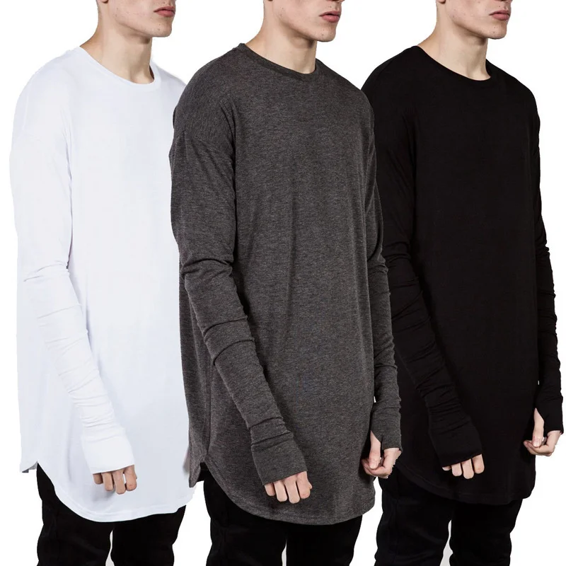 Mancozy Men's 3-Pack Long-Sleeve T-Shirts - Cotton Blend, Hip Hop Longline Crewneck, Modern Fit For Casual & Gym