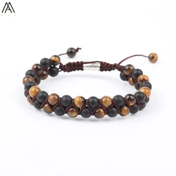 

6mm Round Natural Black Agates Tiger Eye Stone Beads Double Layer Woven Rope Bracelet Fashion Women Handmade Bracelet N0333AMAJ