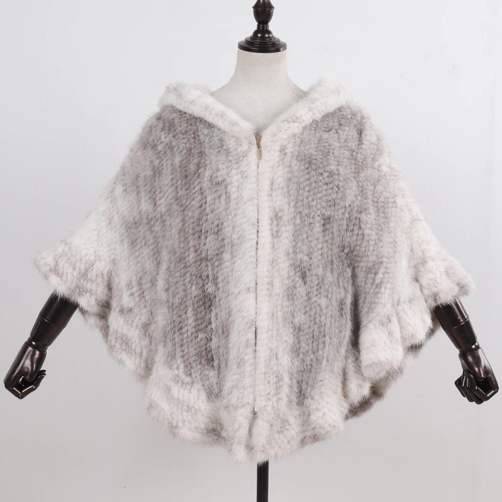 Hot Sale Women Natural Mink Fur Hooded Pashmina Coat 100