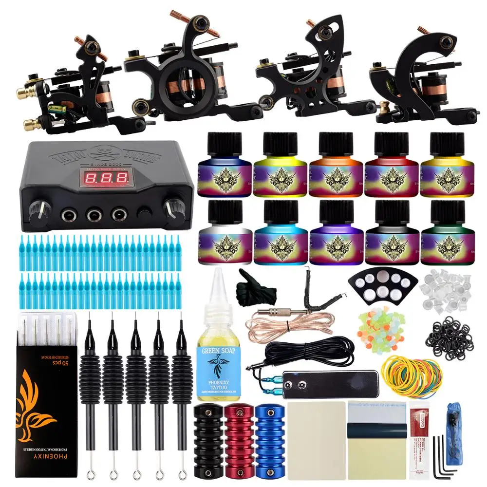 

Professional Tattoo Kit 4 Machines Guns Set Design Pigment Inks Set LCD Power Needles Set Body Art Permanent Complete Tattoo Set