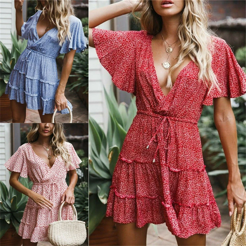 

Sexy Printed Floral Dot Summer Mini Dress Women Short Flare Sleeve V neck Boho Elegant Party Beach Sundress Holiday Dresses