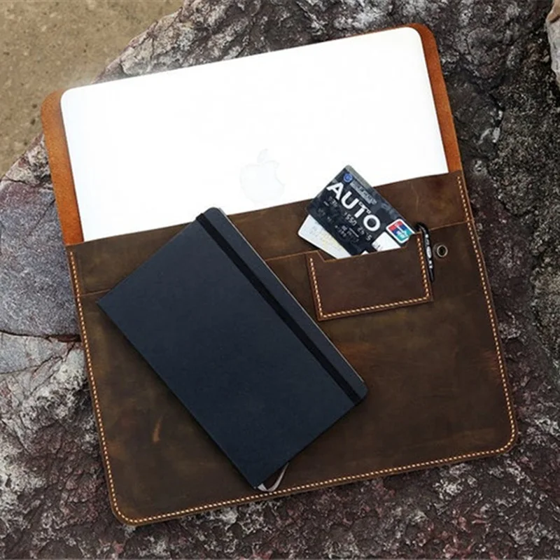 Brown Distressed Leather Laptop Case Sleeve Portfolio For 11 12 13 Air / Pro, Personalized Leather Laptop Case Bag MACX05DS - Цвет: Brown