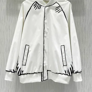 

2020 Sky Series Hand Painted Cartoon Letter Printing Long Sleeve Zipper Cotton Jacket Baseball Uniform Loose Coat Women F2