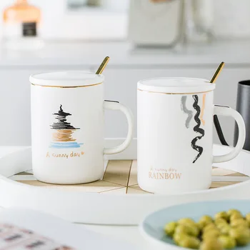 

Nordic Ins Hand-painted Cup Creative Brief Ceramic Coffee Mug with Lid Spoon Large Capacity Milk Breakfast Straight Mugs Teacups