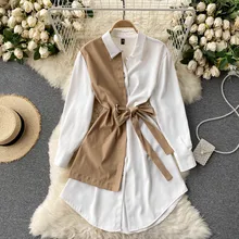

Office Women Long Sleeve shirt Dress Sexy Mini Beach Contrasting lapel long sleeves Dress Elegant Sexy Party Dress New 2021