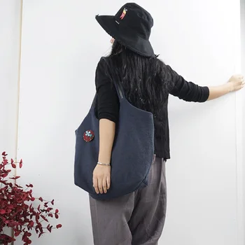 

Large ECO Fashion Durable Women Student Cotton Linen Shoulder Bag Shopping Tote Flax Canvas Shopping Bags With Floral Decoration