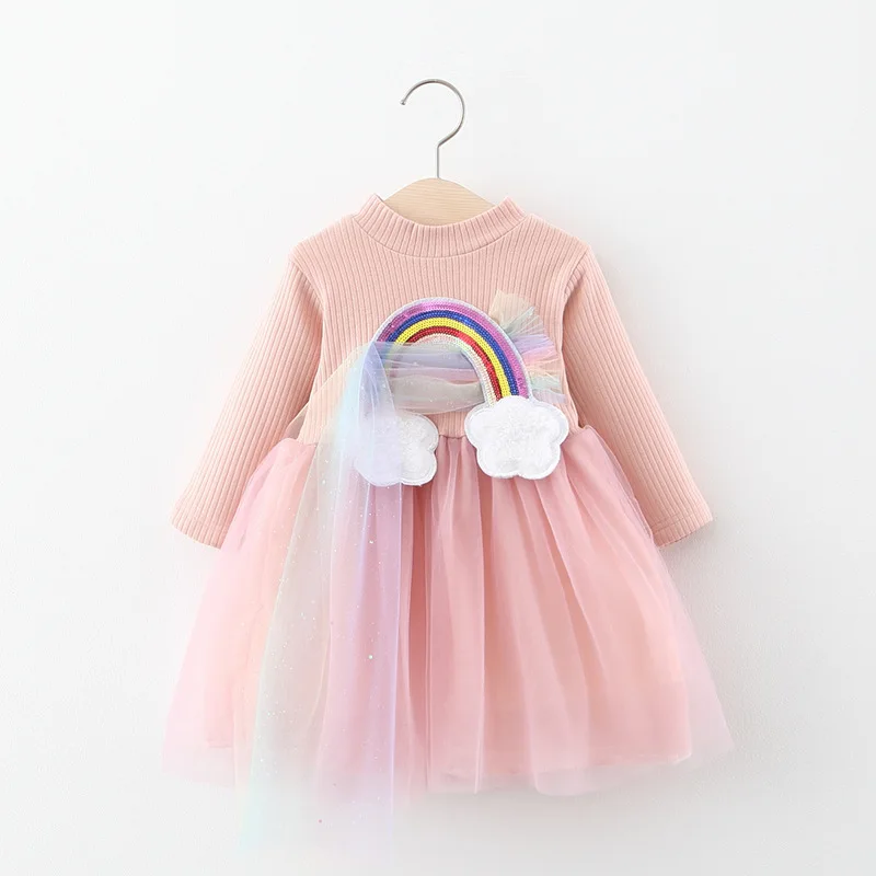 Платье для девочек, бархатное платье с вышивкой радужных облаков, бархатное платье для девочек на весну и зиму